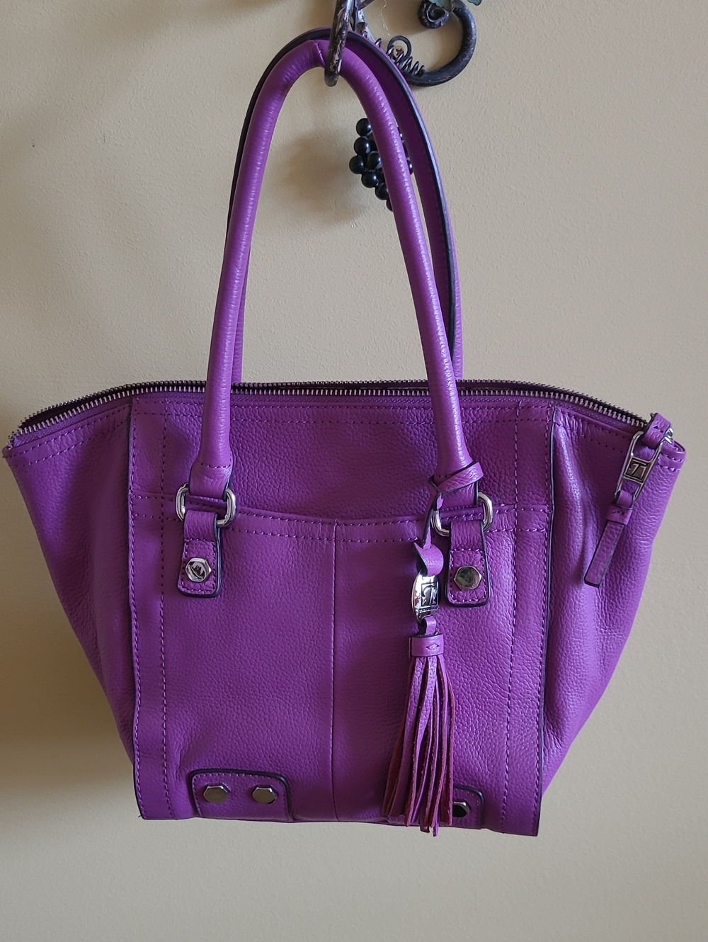 Tignanello Purple Leather Tassel Tote Bag